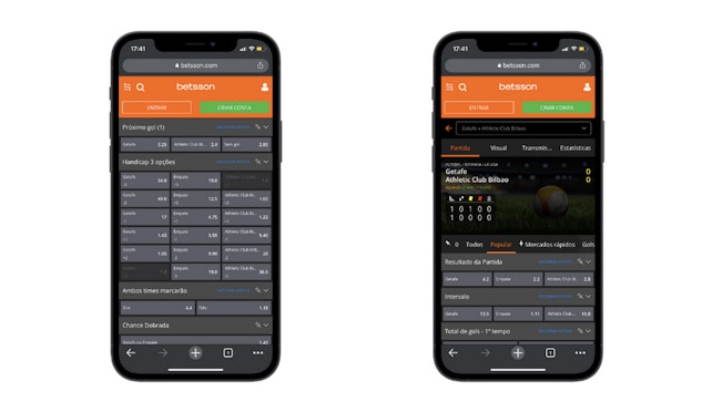 Imagem de dois celulares com o aplicativo da Betsson.