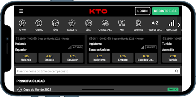 Imagem de um celular mostrando a seção de apostas esportivas na KTO.