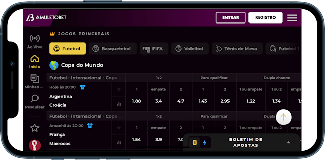 Imagem de um celular acessando a seção de apostas esportivas na Amuleto Bet.