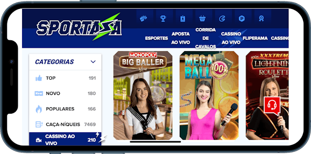 Imagem de um celular mostrando a seção de cassino no site de apostas Sportaza.