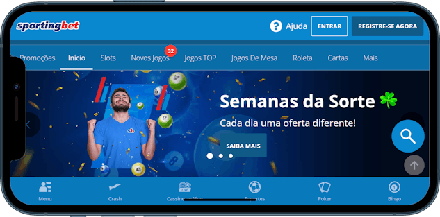 Imagem de um celular mostrando a página inicial do Sportingbet cassino.