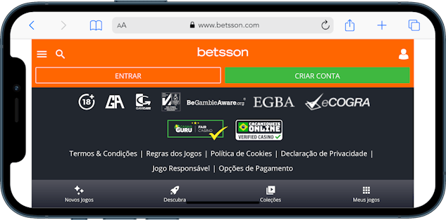 Imagem de um celular mostrando o rodapé do site de apostas Betsson.