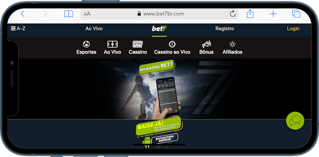 Imagem de um celular mostrando a página para baixar o Bet7 app para Android.