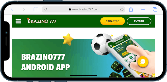 Imagem de um celular mostrando a página para baixar o aplicativo da Brazino 777.