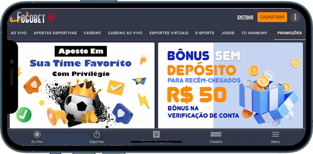 Imagem de um celular mostrando a a seção de promoções do site de apostas Fogobet.