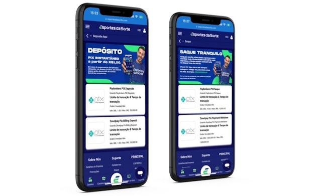 Imagem de dois celulares mostrando as páginas para depositar e sacar na Esportes da Sorte.