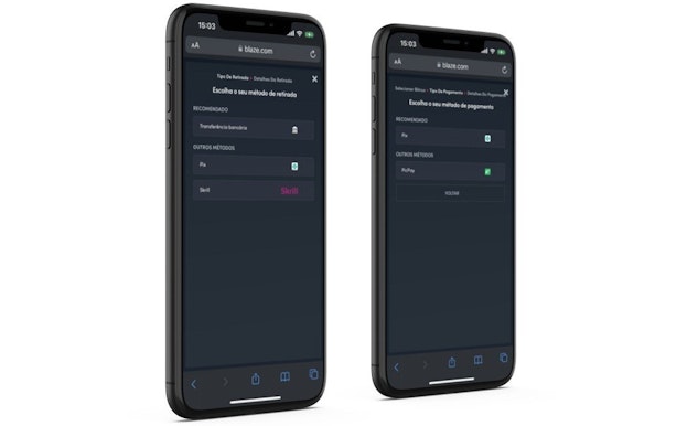 Imagem de dois celulares mostrando as páginas para depositar e sacar na Blaze.