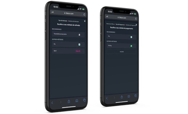 Imagem de dois celulares mostrando as páginas para depositar e sacar na Blaze.